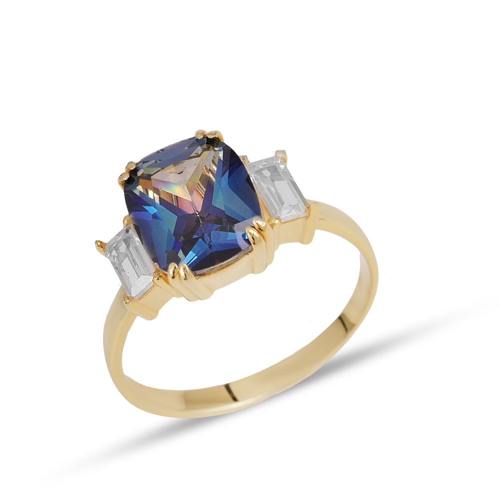 Square Blue Topaz Baguette CZ Stone Ring