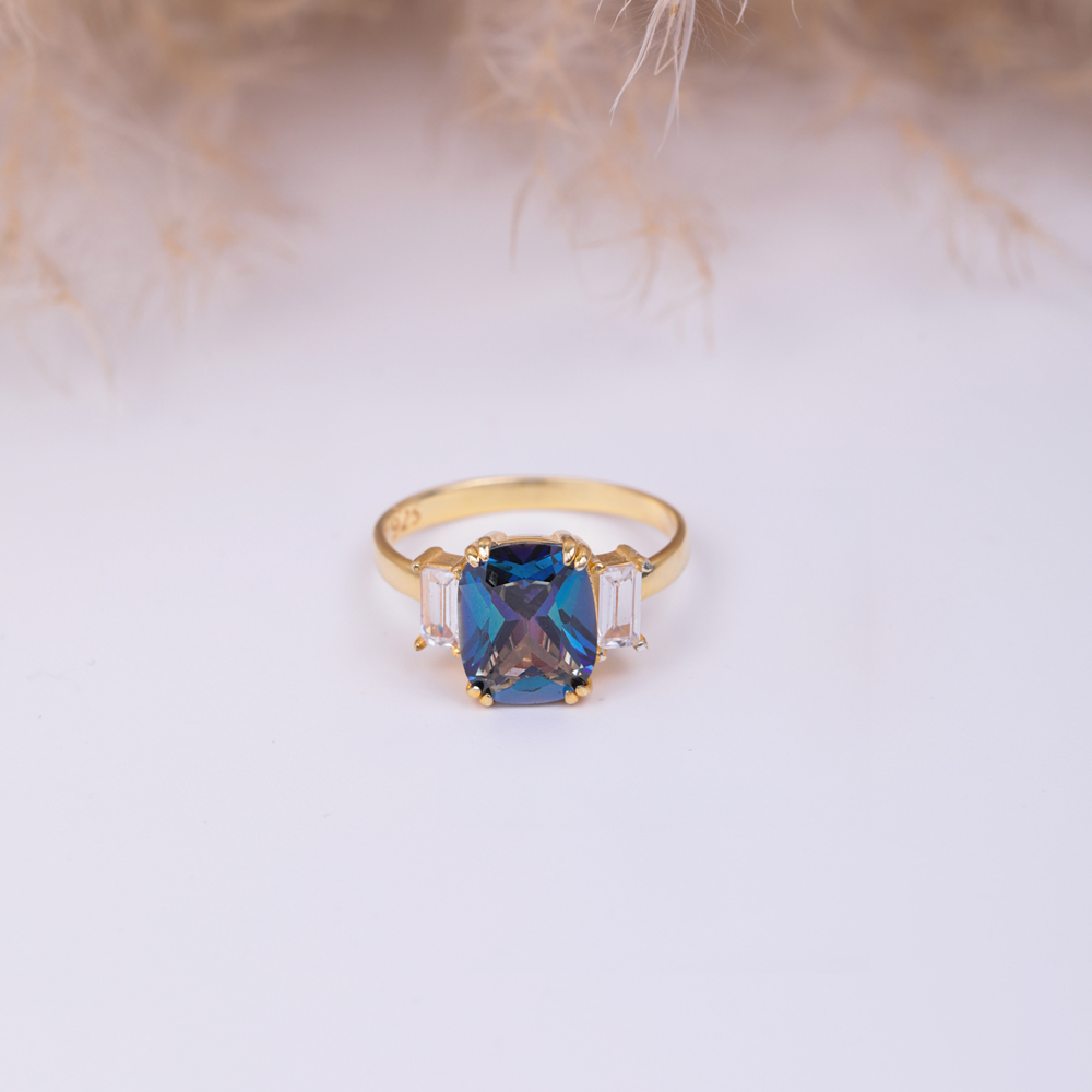 Square Blue Topaz Baguette CZ Stone Ring