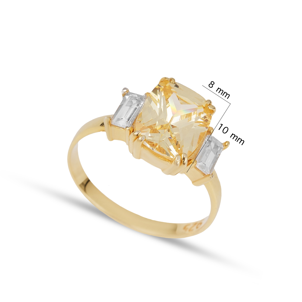 Square Citrine Baguette CZ Stone Ring