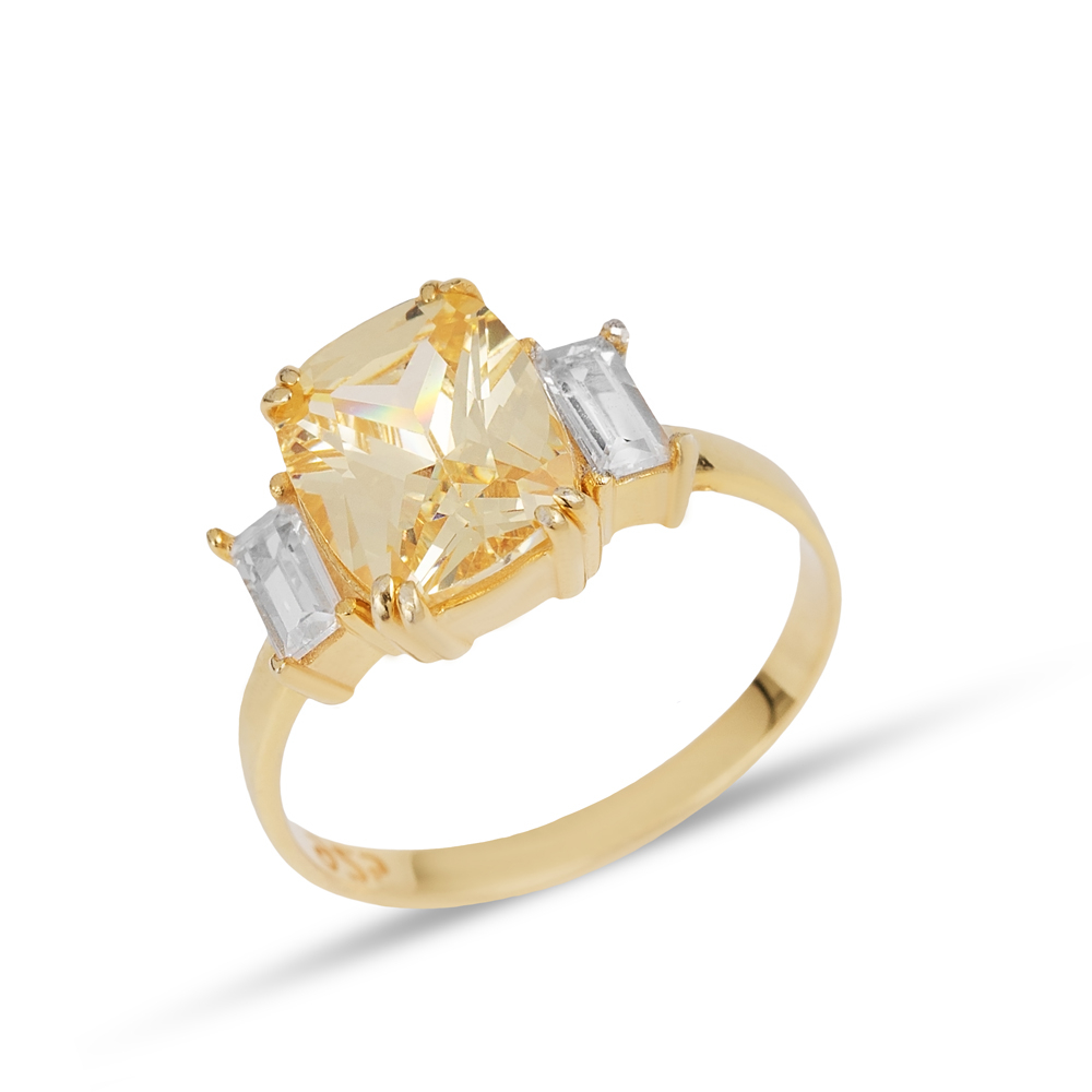 Square Citrine Baguette CZ Stone Ring