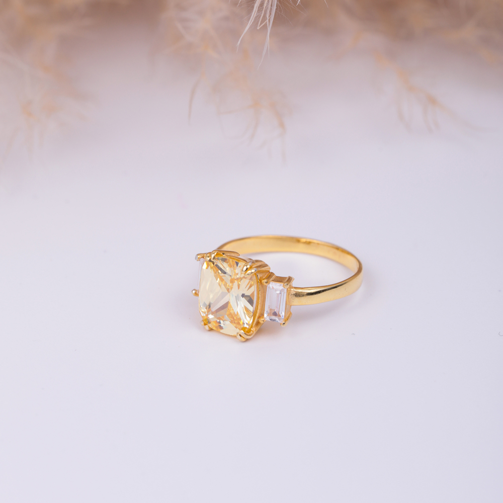 Square Citrine Baguette CZ Stone Ring