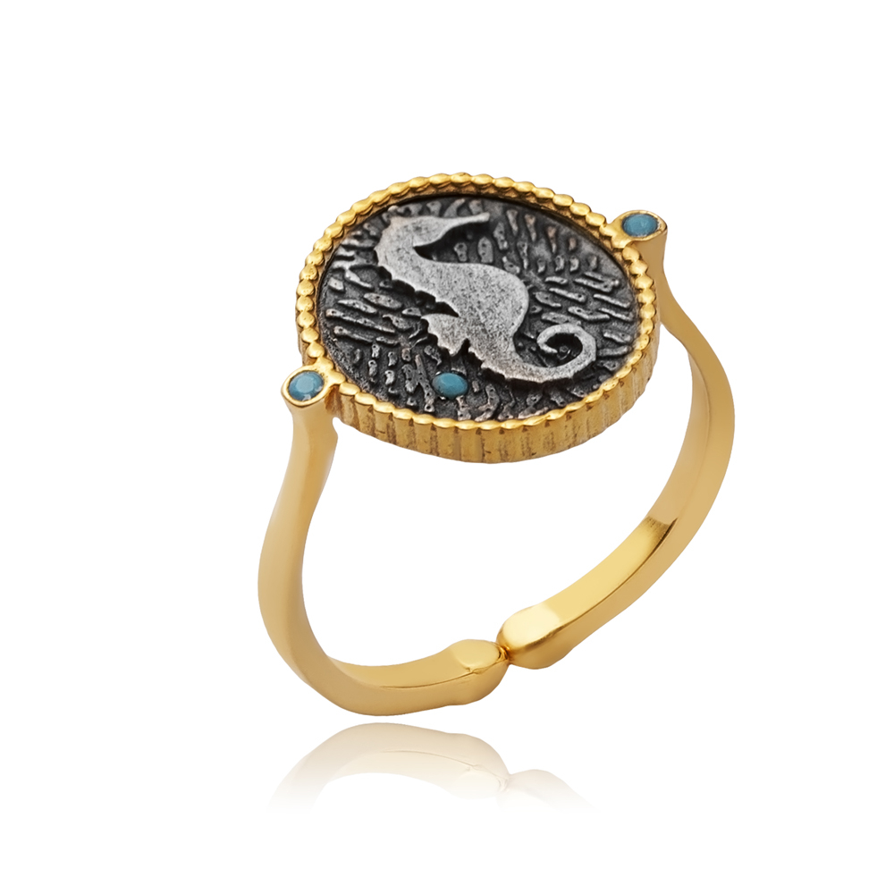 Turquoise CZ Seahorse Antic Silver Ring
