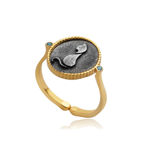 Cat Symbol Oxidized Design 925 Silver Ring