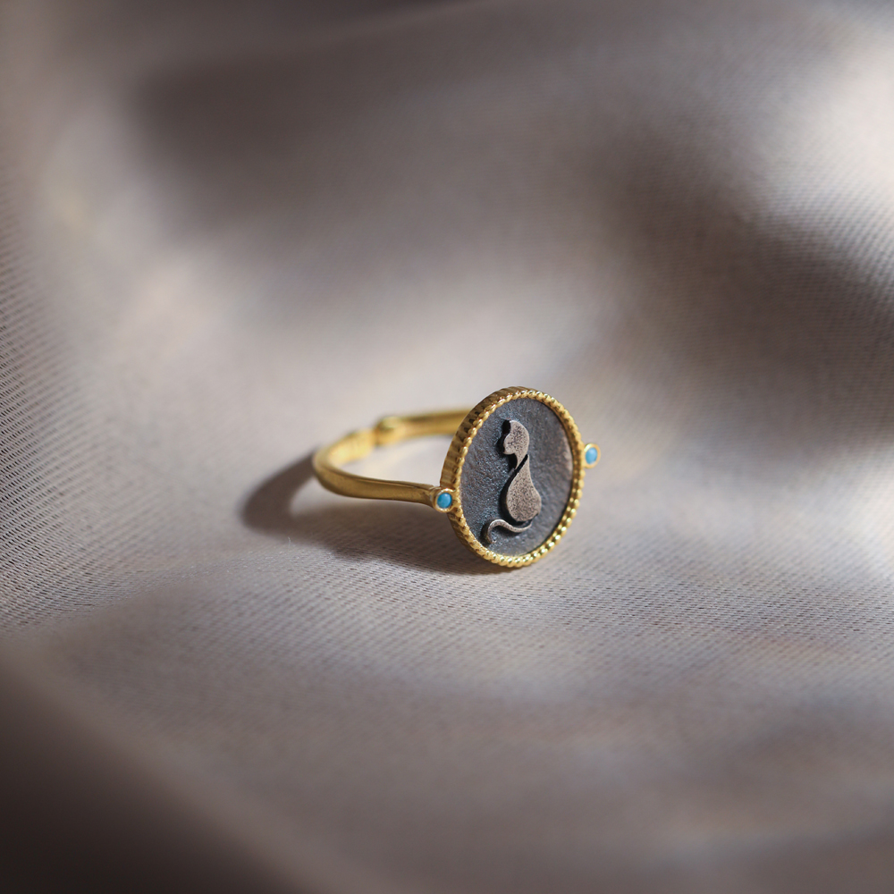 Cat Symbol Oxidized Design 925 Silver Ring