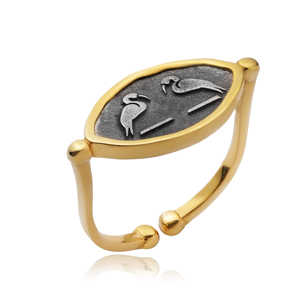 Ancient Twin Herons Silver Symbol Ring