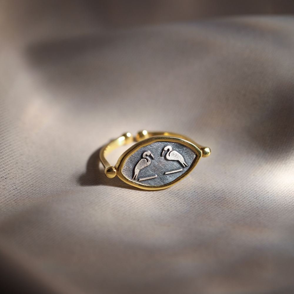 Ancient Twin Herons Silver Symbol Ring
