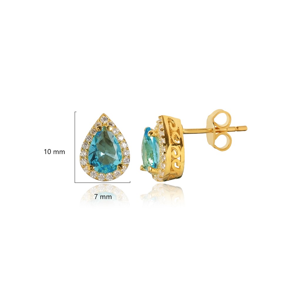 Pear Design Aquamarine CZ Stone  Stud Earring