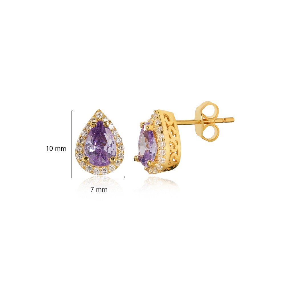 Pear Design Amethyst CZ Stone  Stud Earring