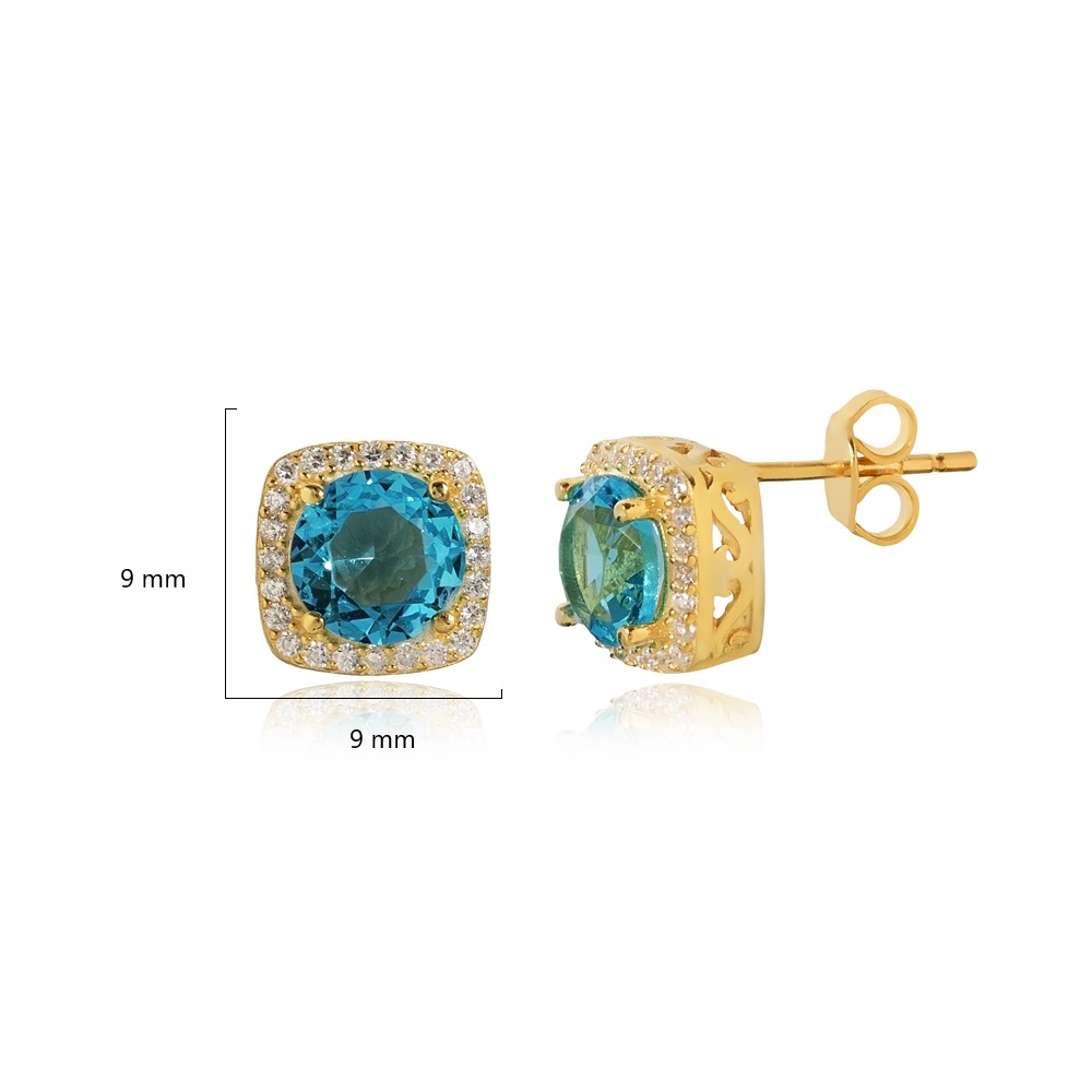 Square Shape Round Aquamarine CZ Stud Earring
