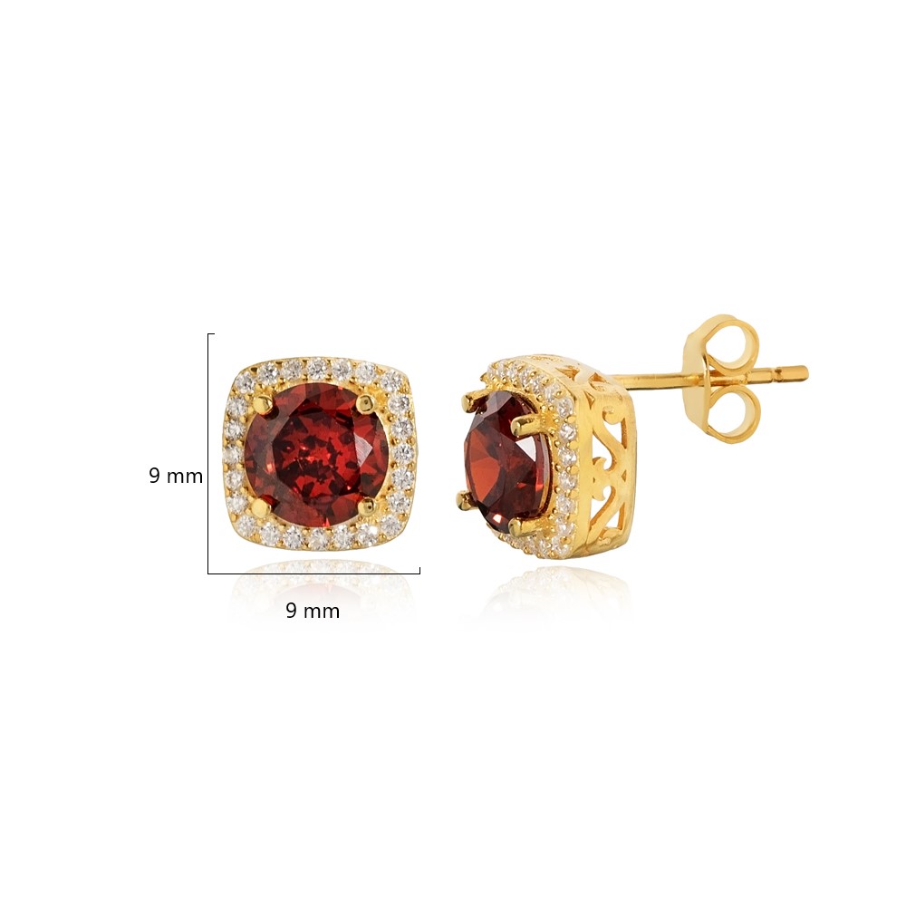 Square Shape Round Garnet CZ Stud Earring