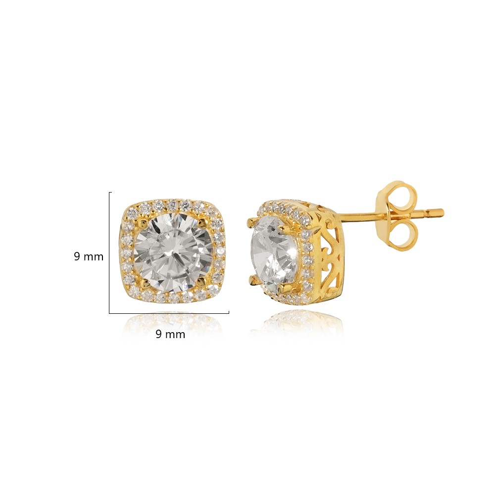 Square Shape Round White CZ Stud Earring