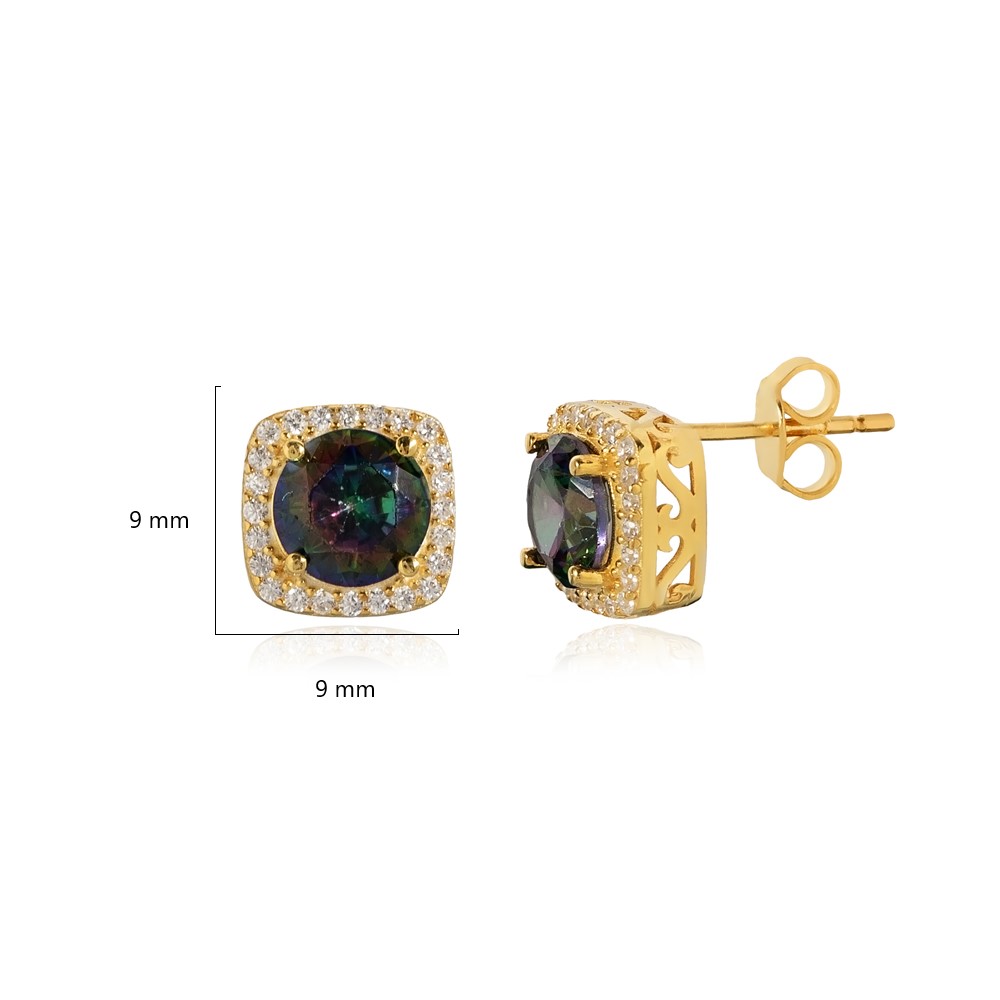 Square Shape Round Mystic Topaz Stud Earring