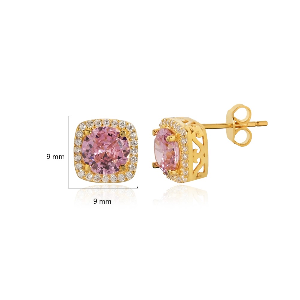 Square Shape Round Pink CZ  Stud Earring