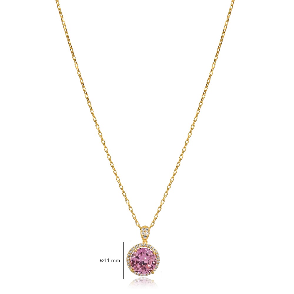 Round Design Pink CZ Stone Charm Necklace