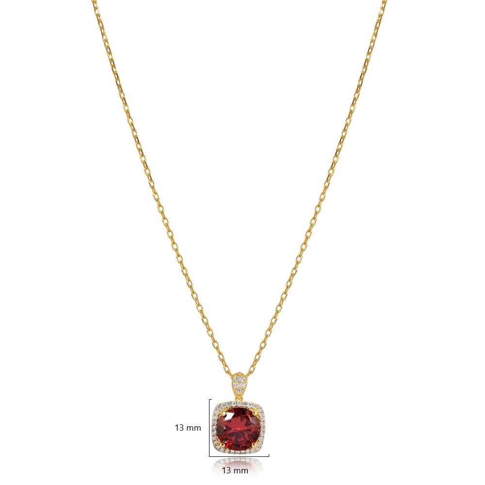 Square Shape Round Garnet CZ Charm Necklace
