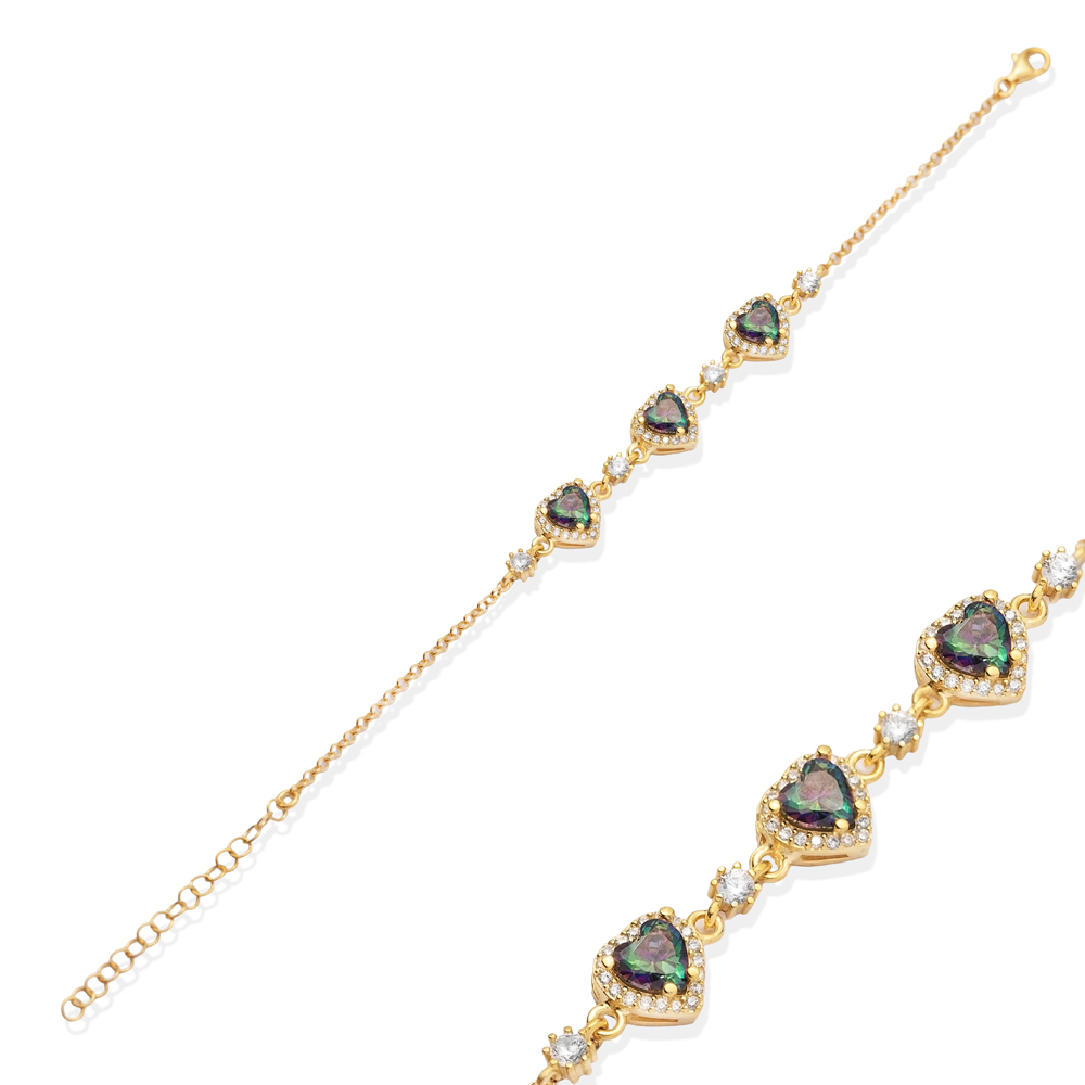 Triple Heart Mystic Topaz CZ Stone Bracelet