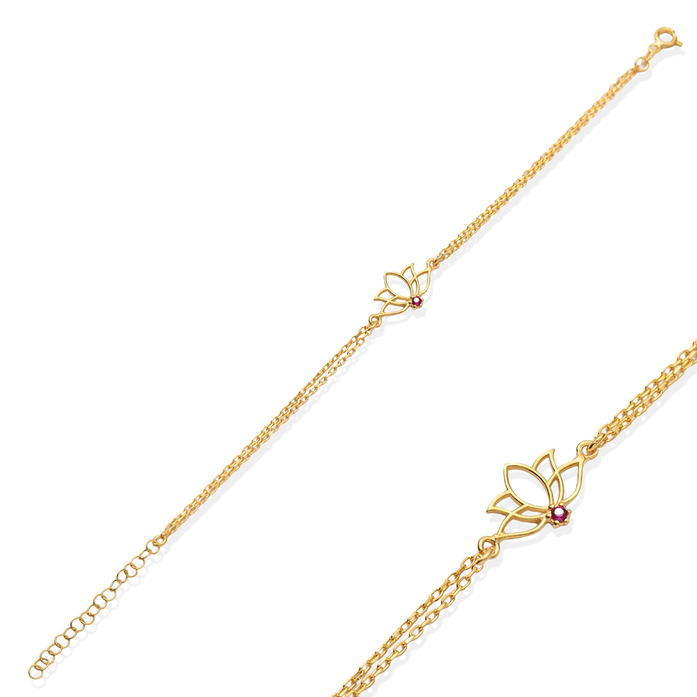 Plain Lotus Design Ruby CZ Stone Bracelet