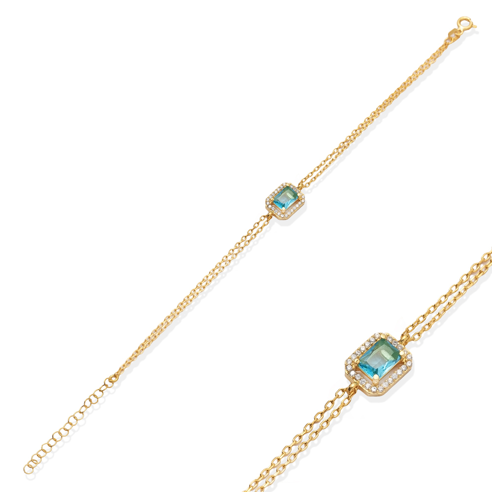 Baguette Aquamarine CZ Stone Charm Bracelet