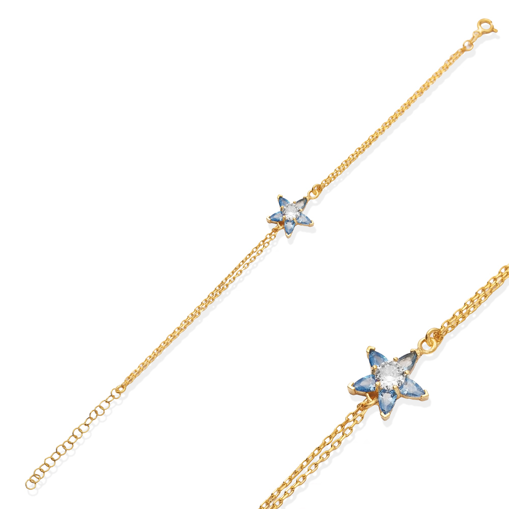 Sapphire Flower Design CZ  Charm Bracelet