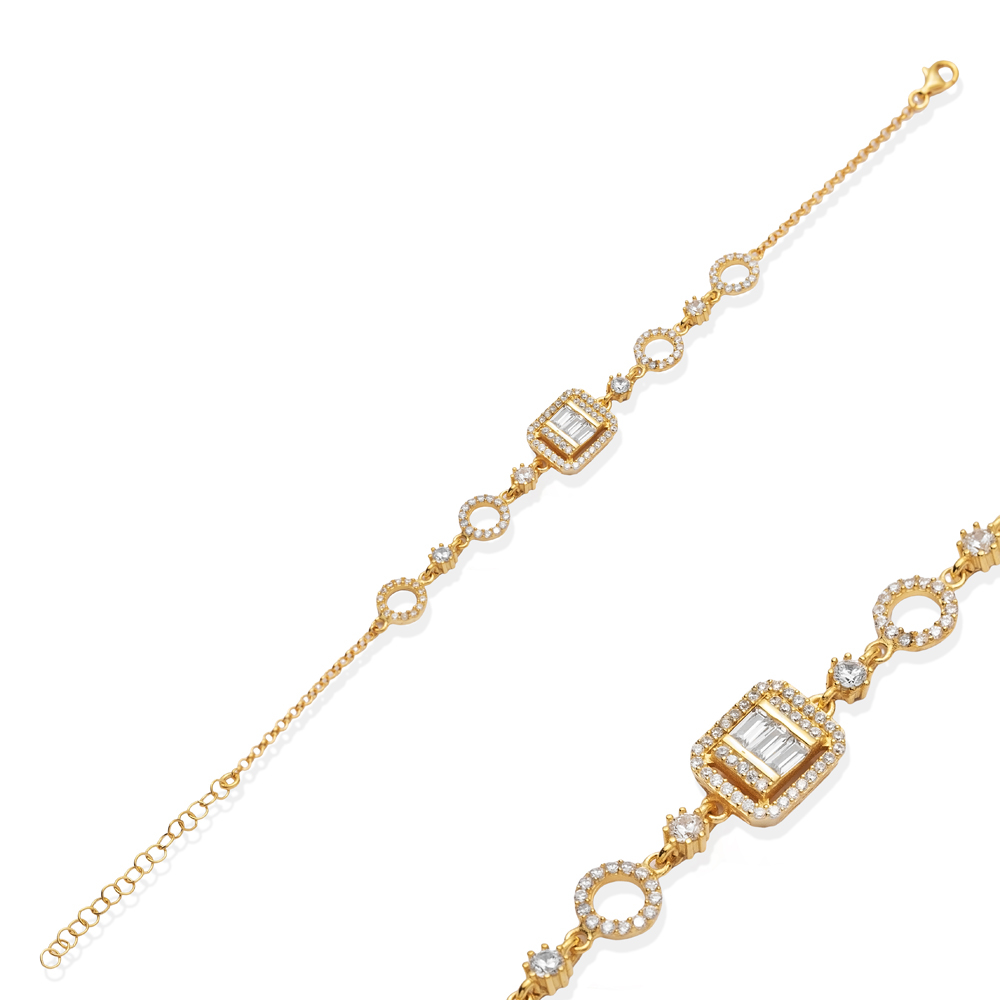Baguette Round CZ Stone 925 Charm Bracelet