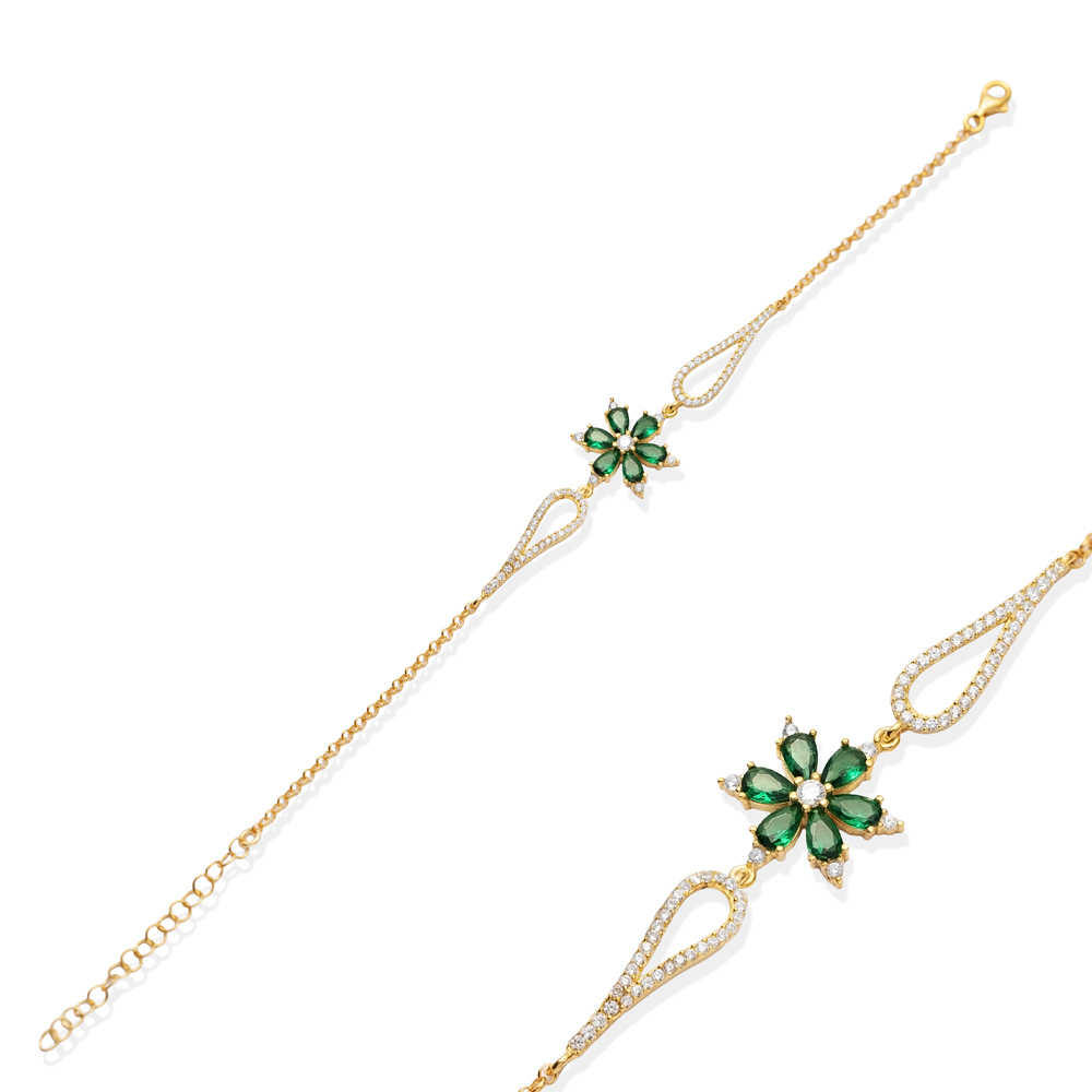 Emerald Flower Design CZ  Charm Bracelet