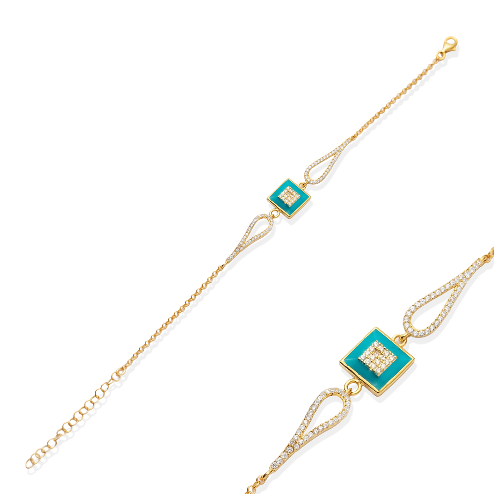Turquoise Enamel Square CZ  Charm Bracelet