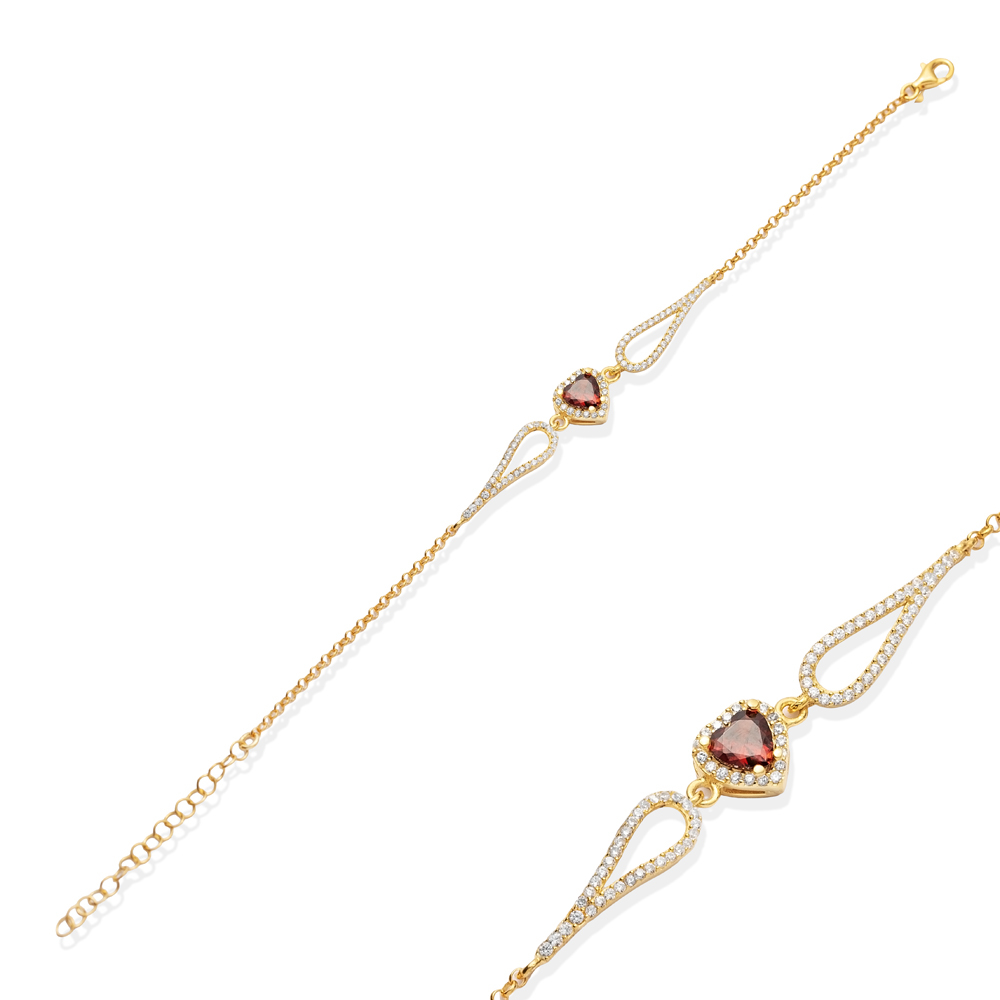 Heart Design Garnet CZ Stone Charm Bracelet
