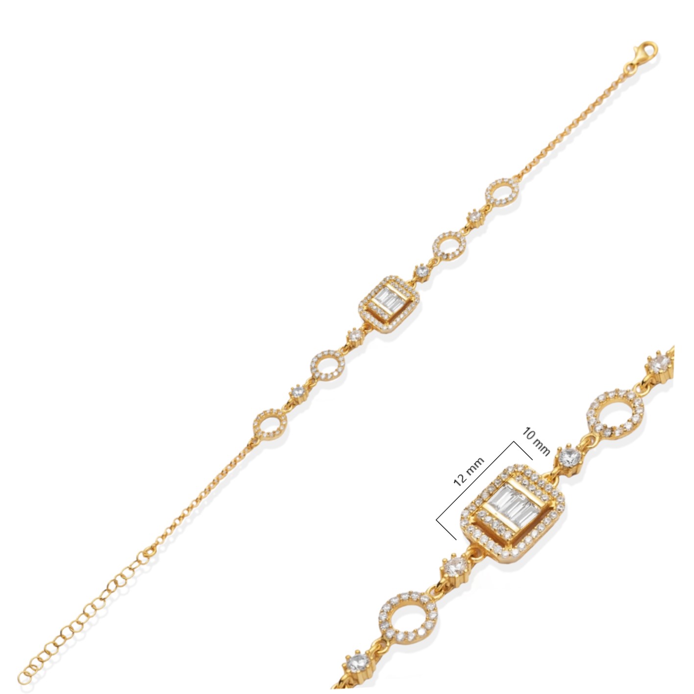 Baguette Round CZ Stone 925 Charm Bracelet
