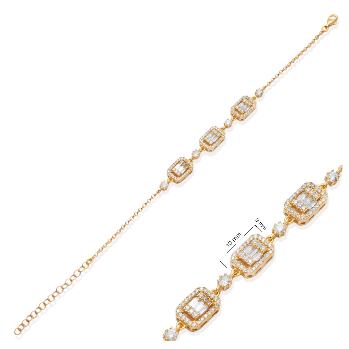 Triple Baguette CZ Stone 925 Charm Bracelet