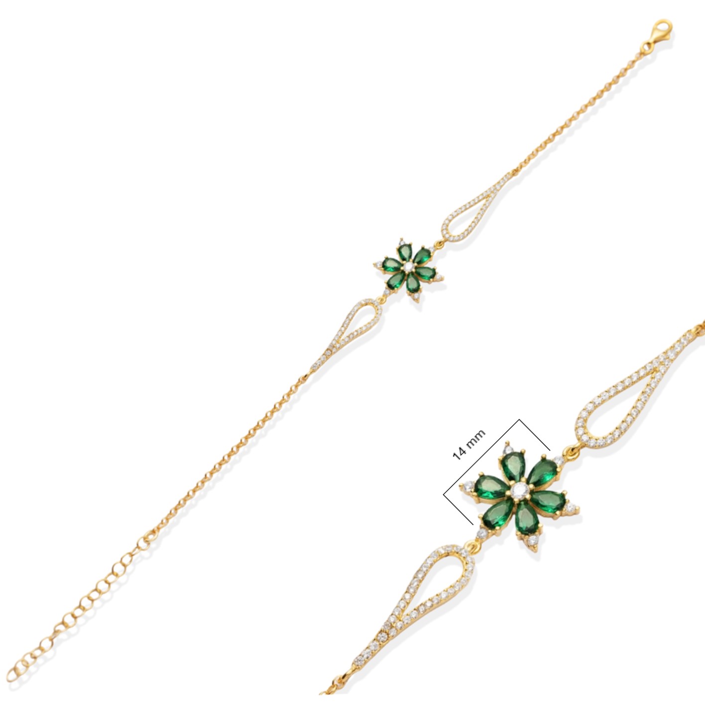 Emerald Flower Design CZ  Charm Bracelet