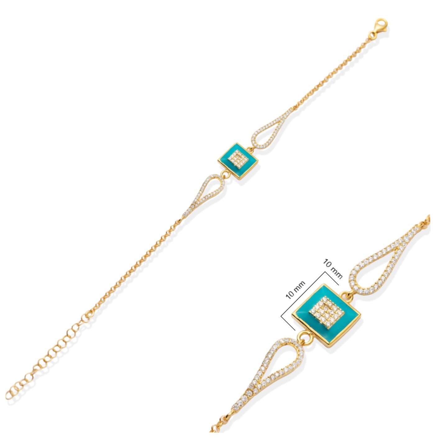Turquoise Enamel Square CZ  Charm Bracelet