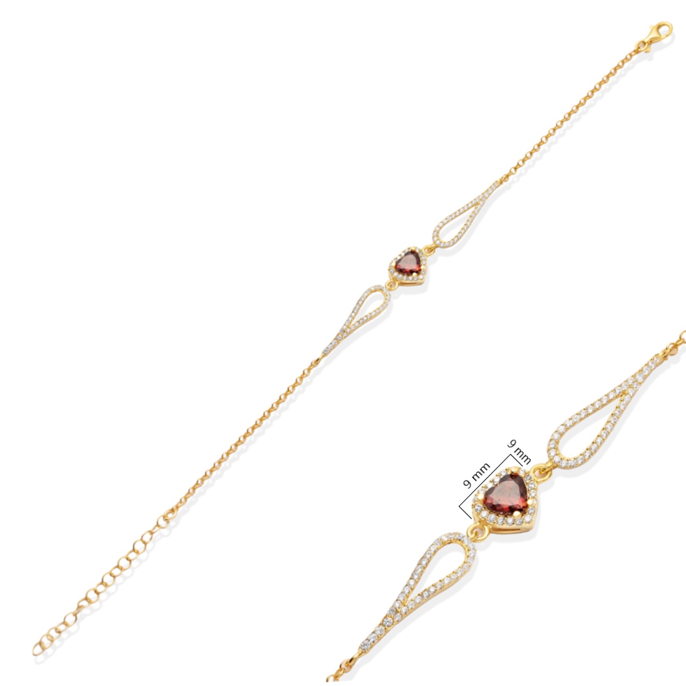 Heart Design Garnet CZ Stone Charm Bracelet