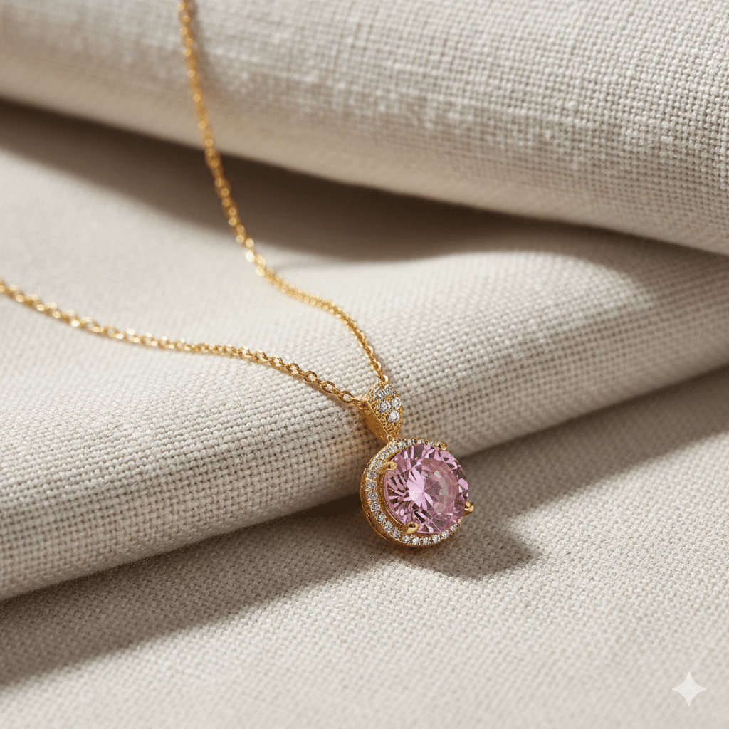 Round Design Pink CZ Stone Charm Necklace