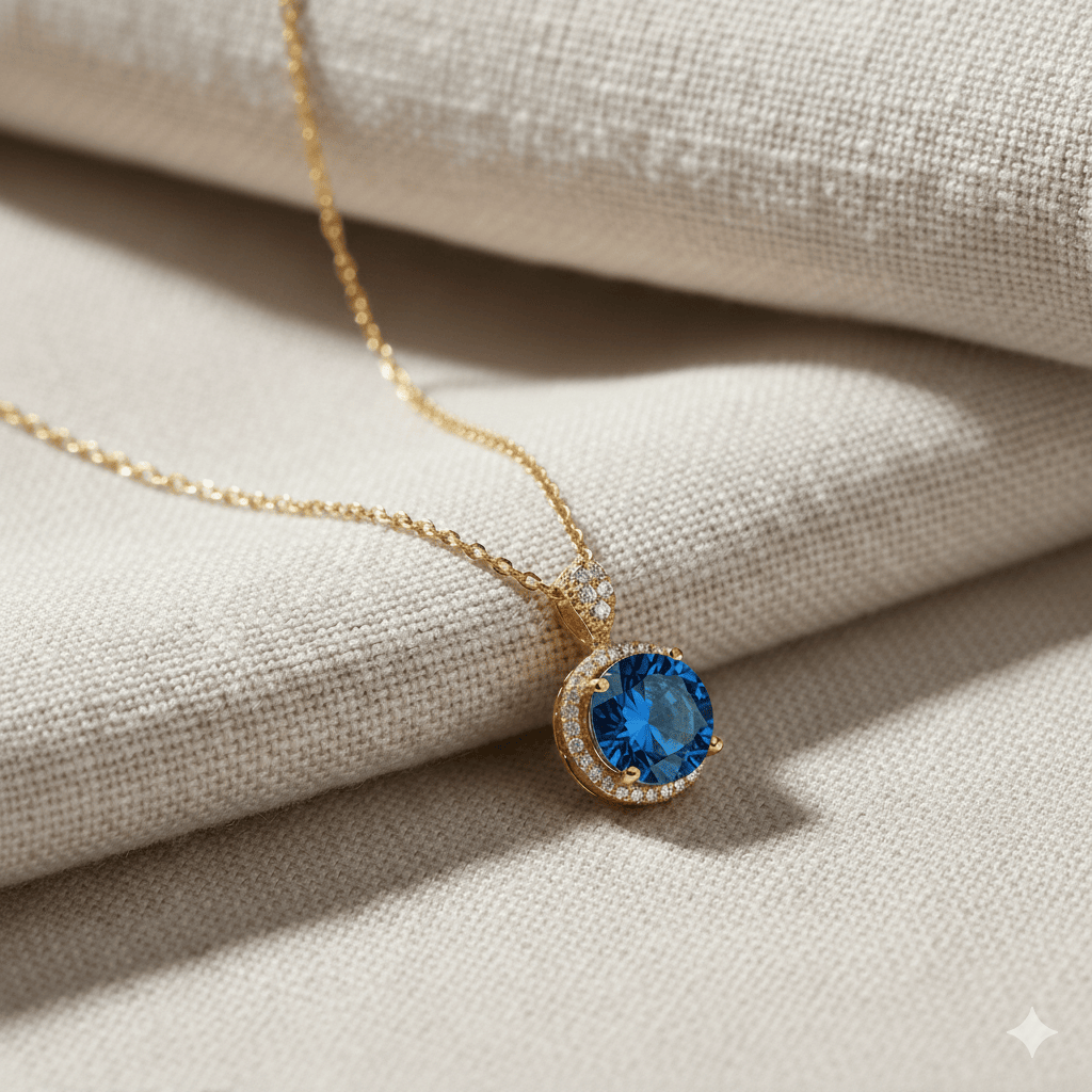 Round Design Aquamarine CZ Stone Charm Necklace