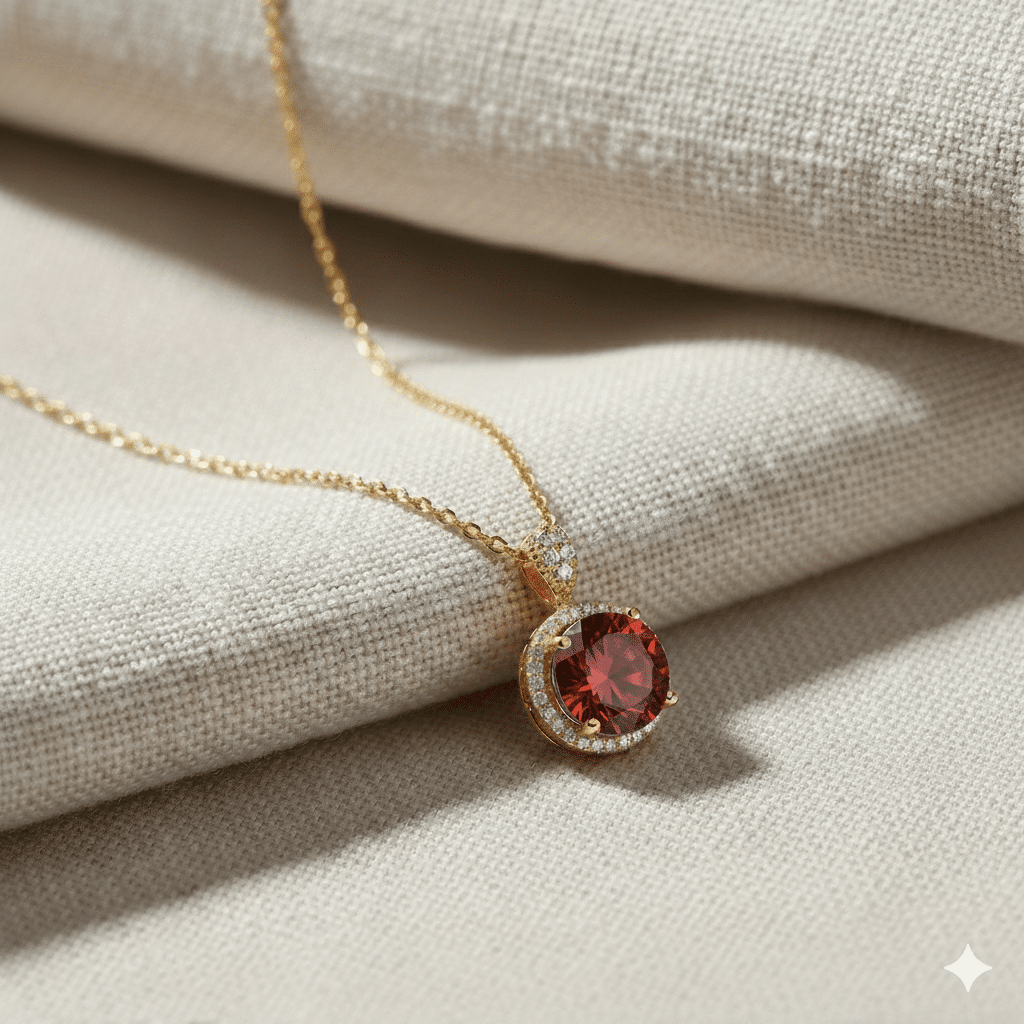 Round Design Garnet CZ Stone Charm Necklace