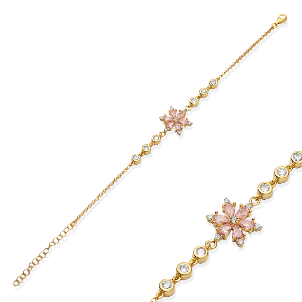 Lotus Design Pink Round CZ Stone Bracelet