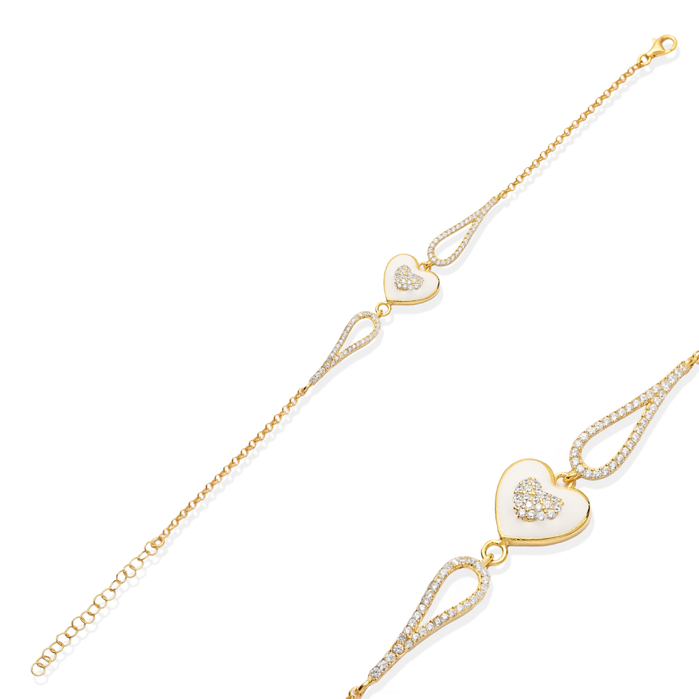 Heart Design White Enamel CZ Stone  Bracelet