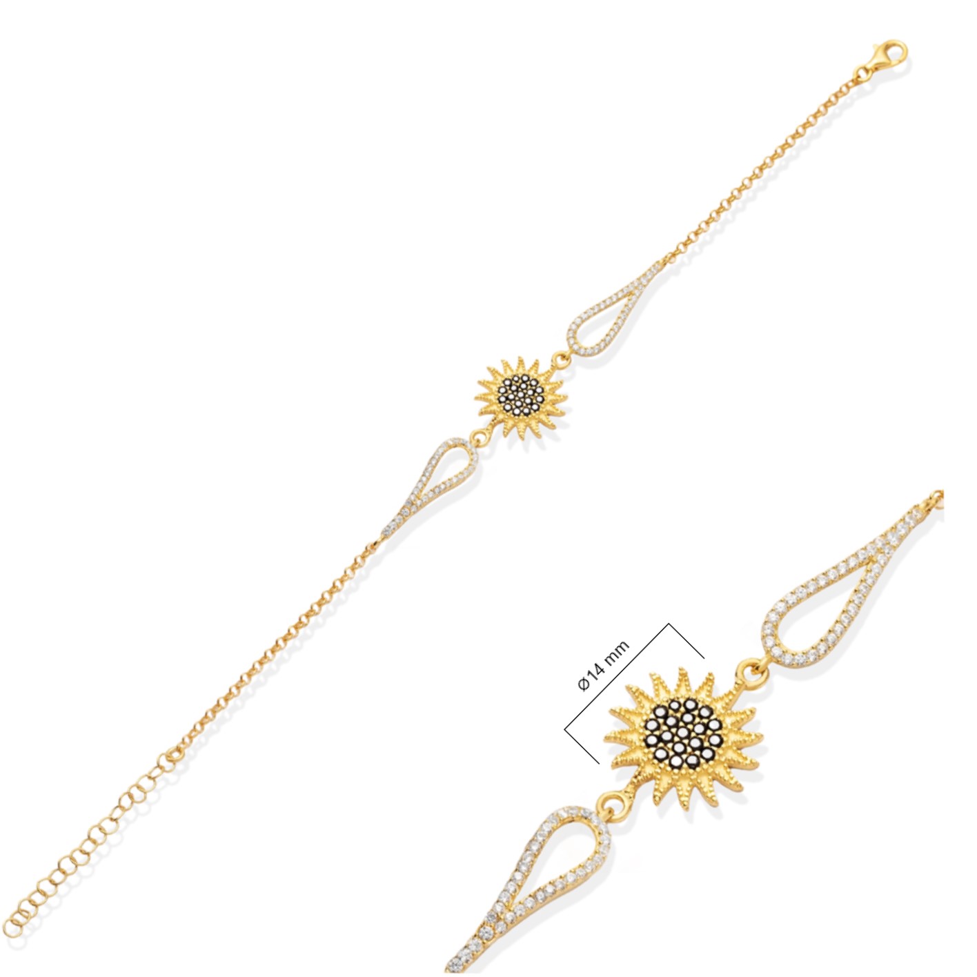 Sun Design Black CZ Stone Charm Bracelet