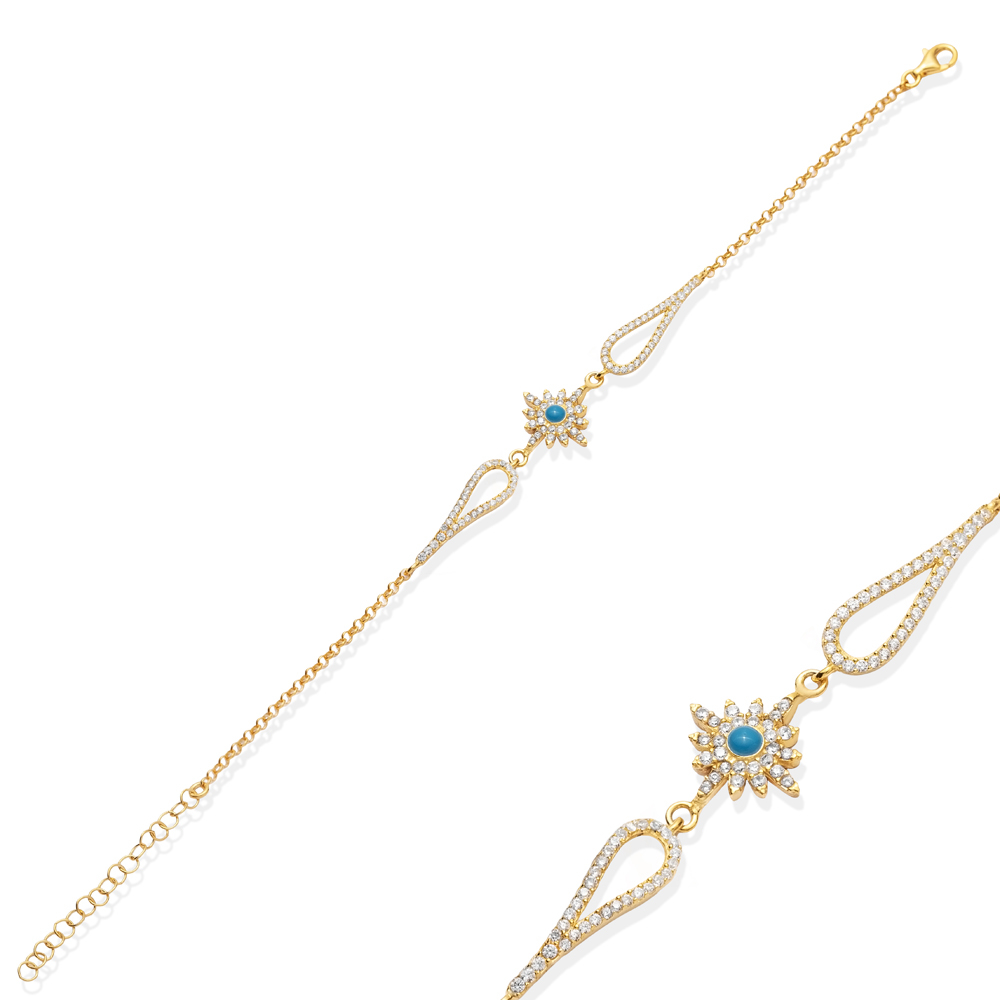 Flower Design Turquoise Stone CZ Bracelet