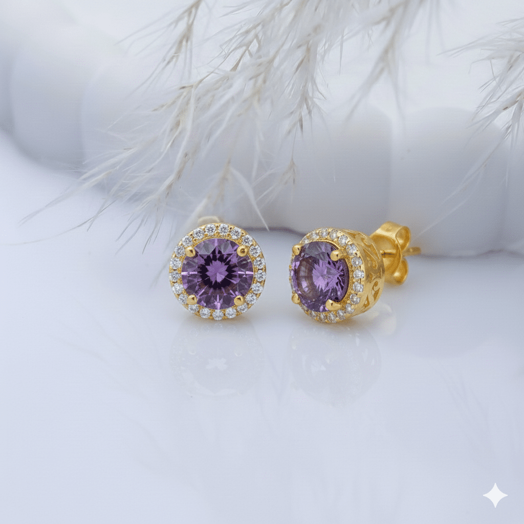 Round Design Amethyst CZ Stone Stud Earring