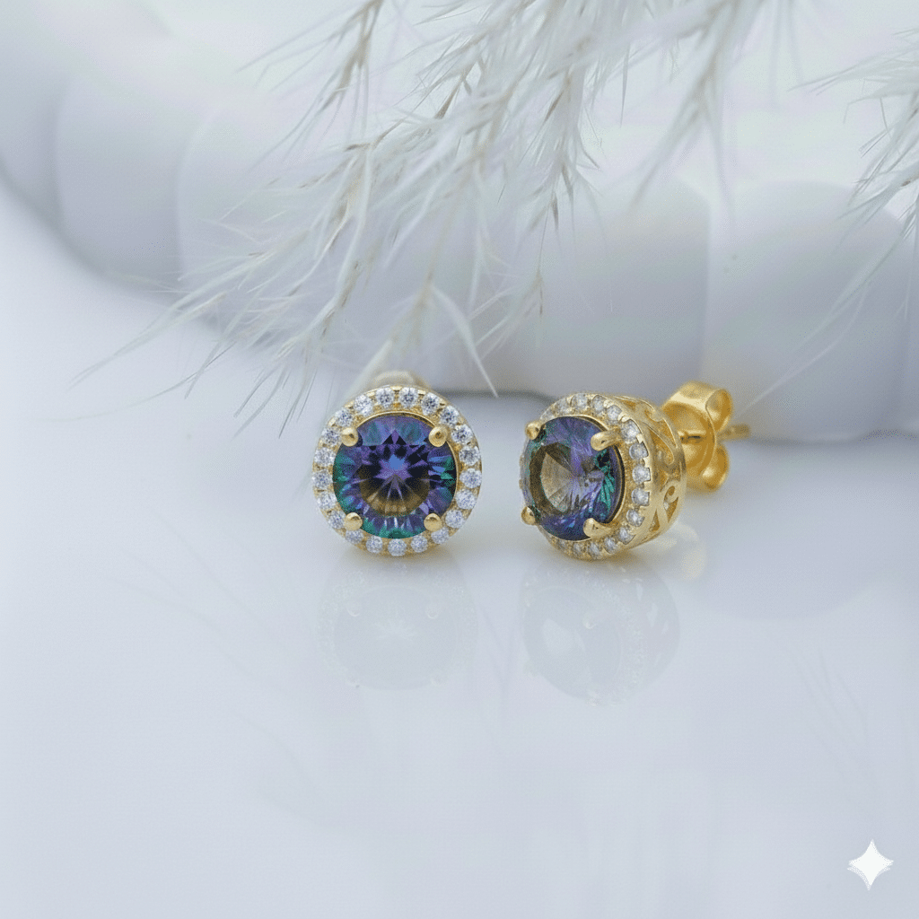 Round Design Mystic Topaz Stone Stud Earring