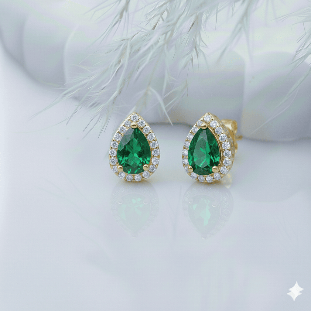 Pear Design Emerald CZ Stone  Stud Earring