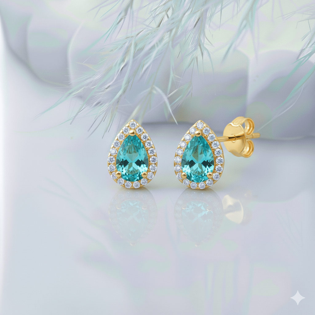 Pear Design Aquamarine CZ Stone  Stud Earring