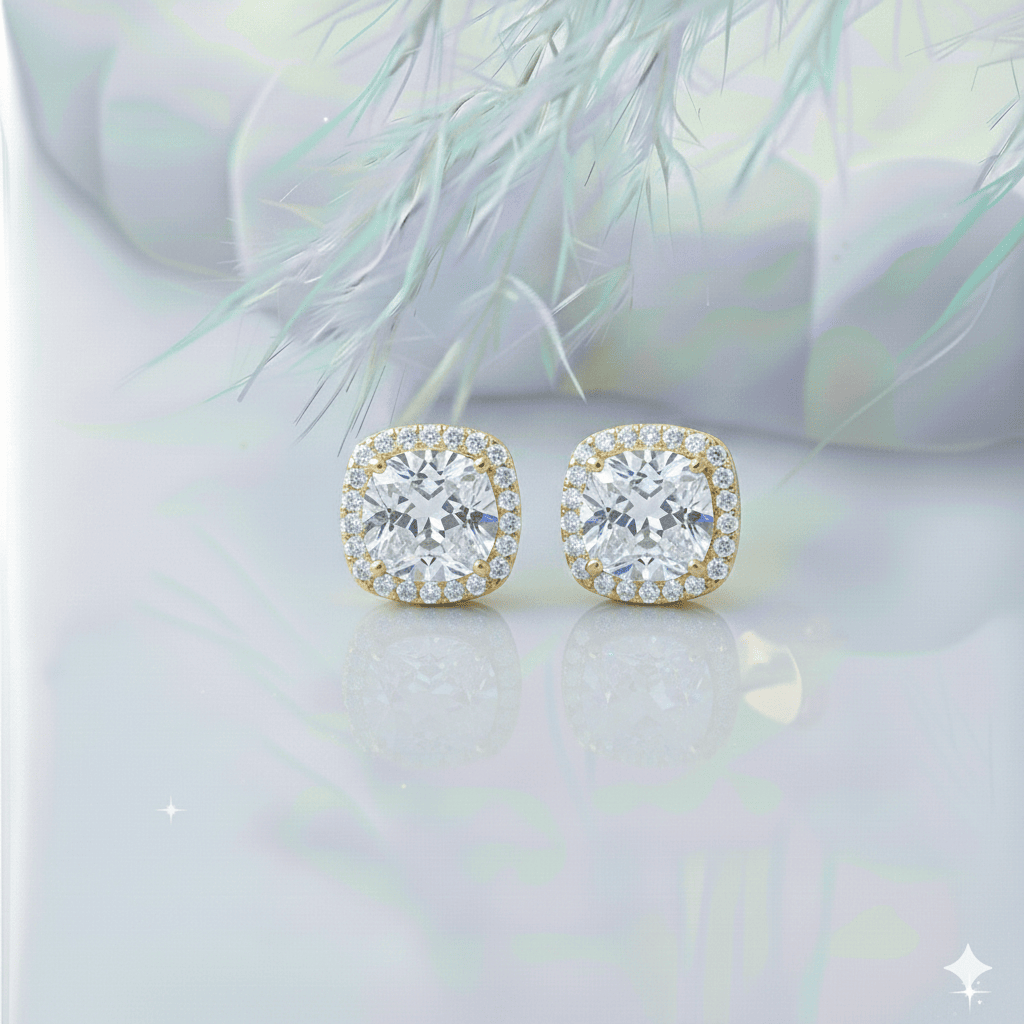 Square Shape Round White CZ Stud Earring