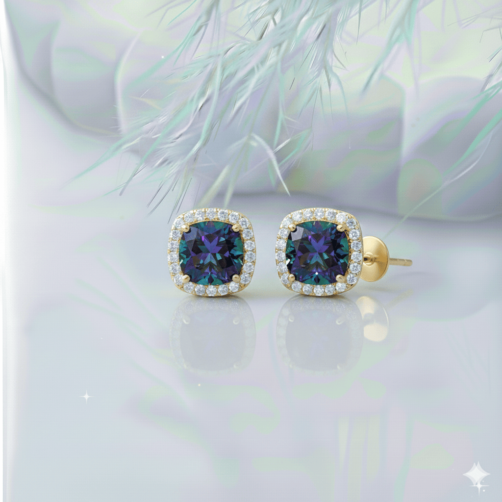 Square Shape Round Mystic Topaz Stud Earring