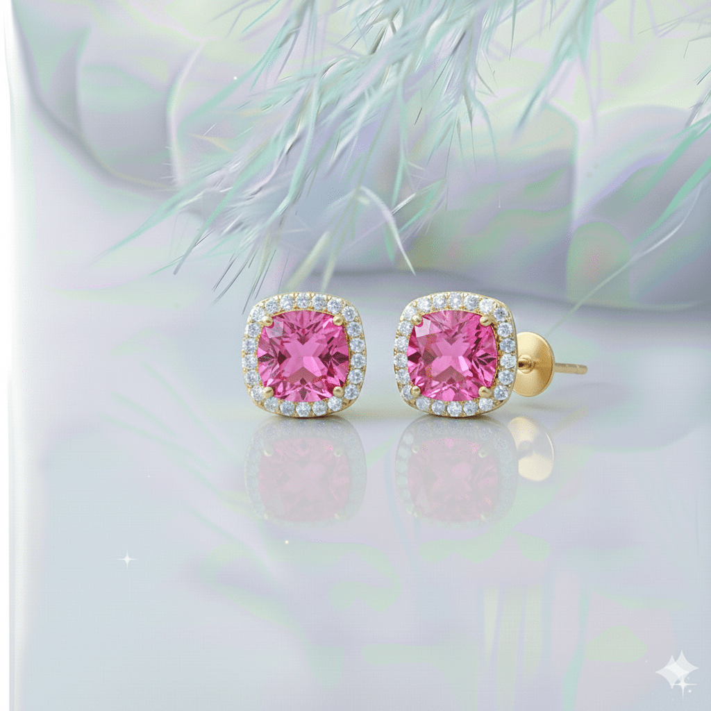 Square Shape Round Pink CZ  Stud Earring