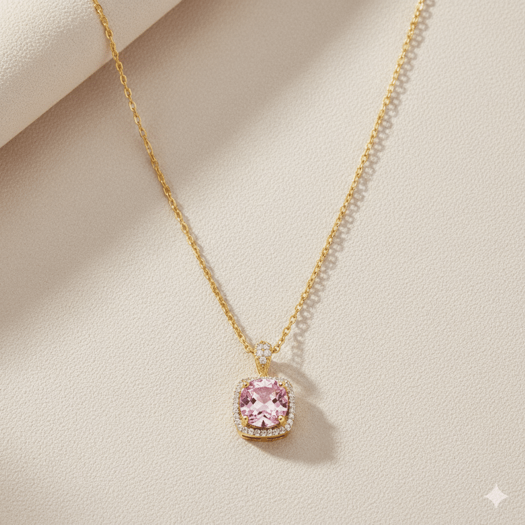 Square Shape Round Pink CZ Charm Necklace