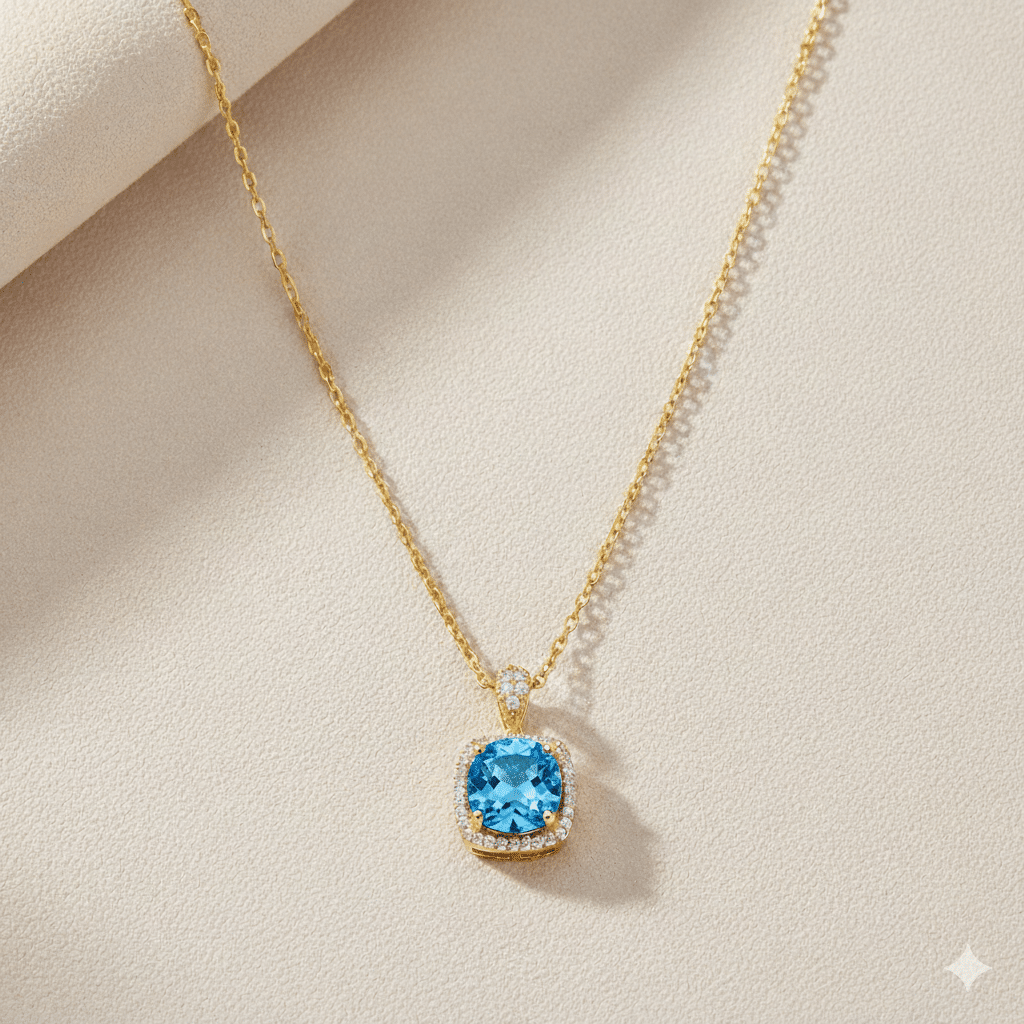 Square Shape Round Aquamarine Charm Necklace