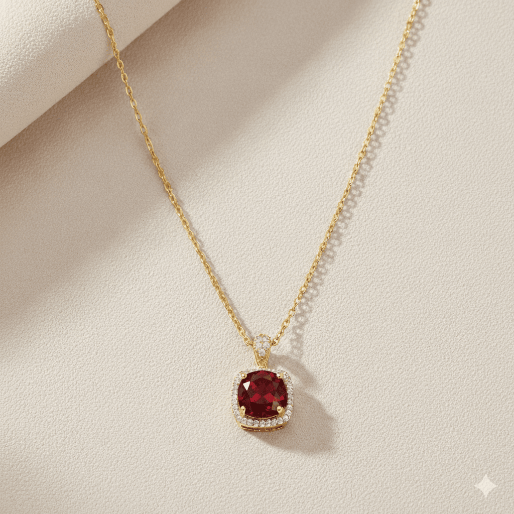 Square Shape Round Garnet CZ Charm Necklace