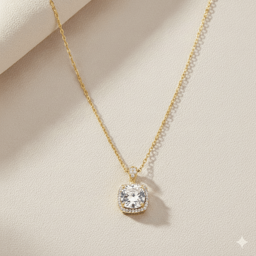 Square Shape Round White CZ Charm Necklace